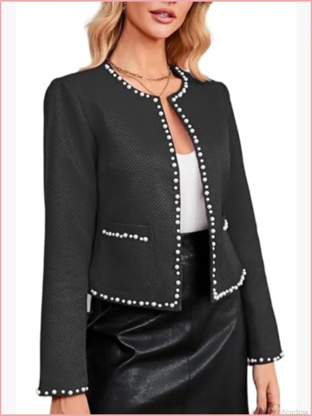 Cropped Tweed Blazer Jacket Long Sleeve Open Front Pearl Trim Fall Outfit